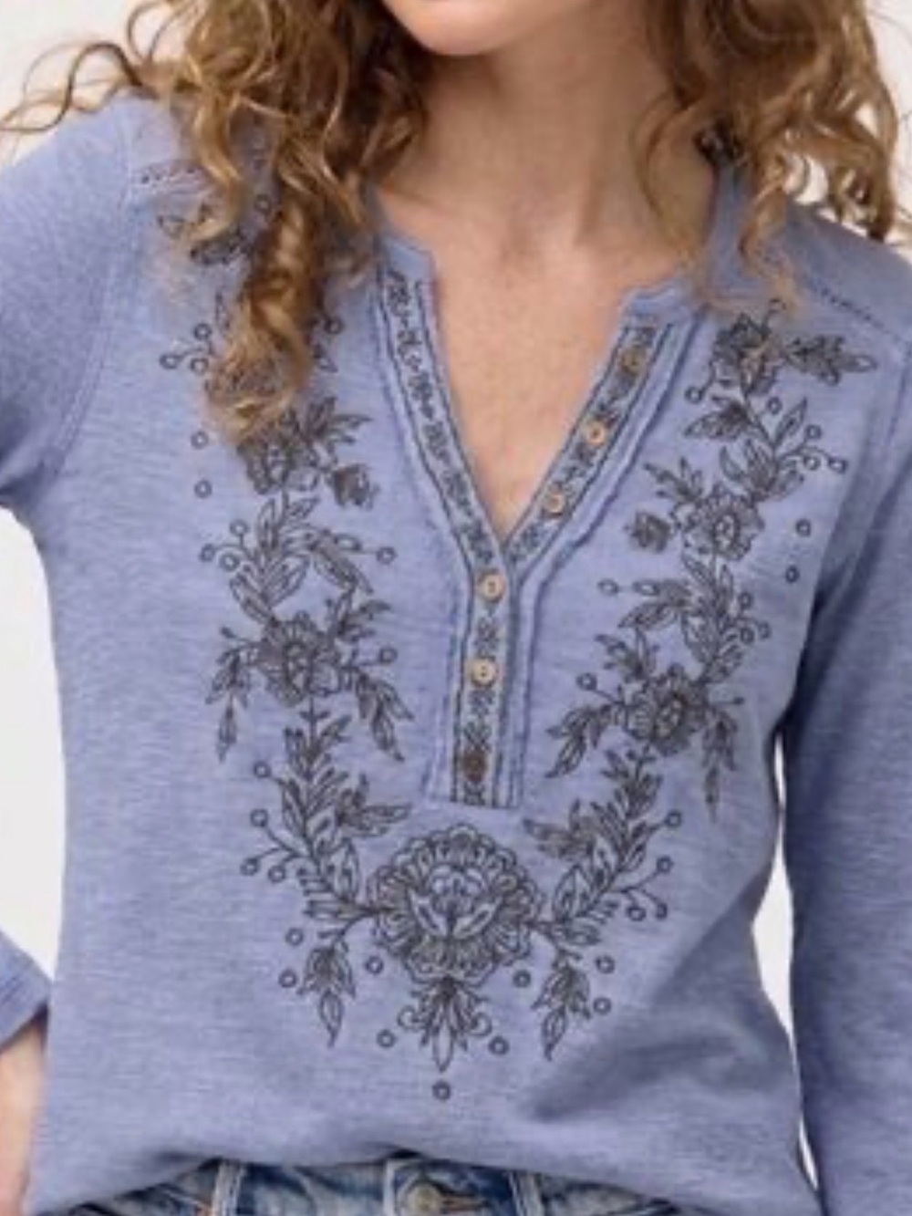 Sundance Blue Floral Embroidered Henley Long Sleeve Top Size M